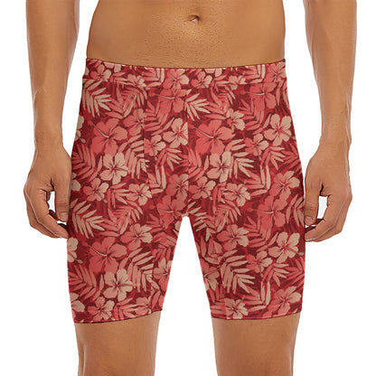 Red Hawaiian Tropical Pattern Print Men's Long Boxer Briefs