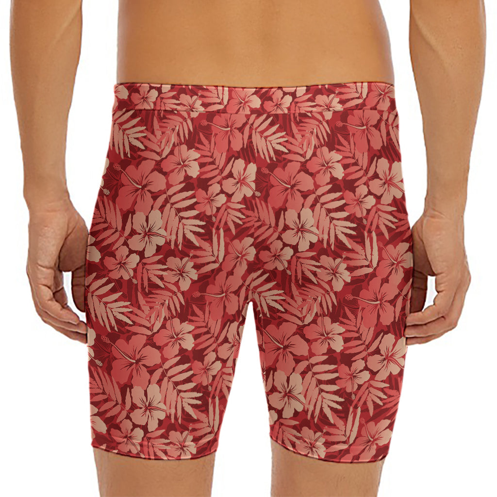 Red Hawaiian Tropical Pattern Print Men's Long Boxer Briefs
