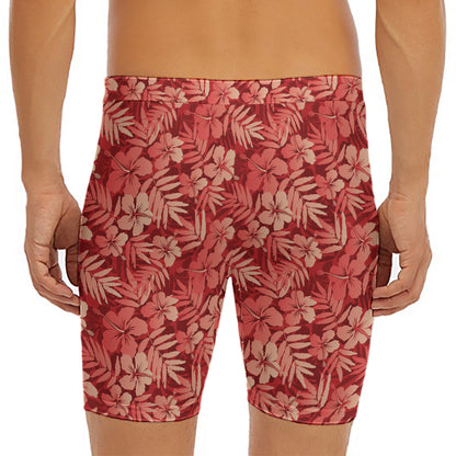 Red Hawaiian Tropical Pattern Print Men's Long Boxer Briefs