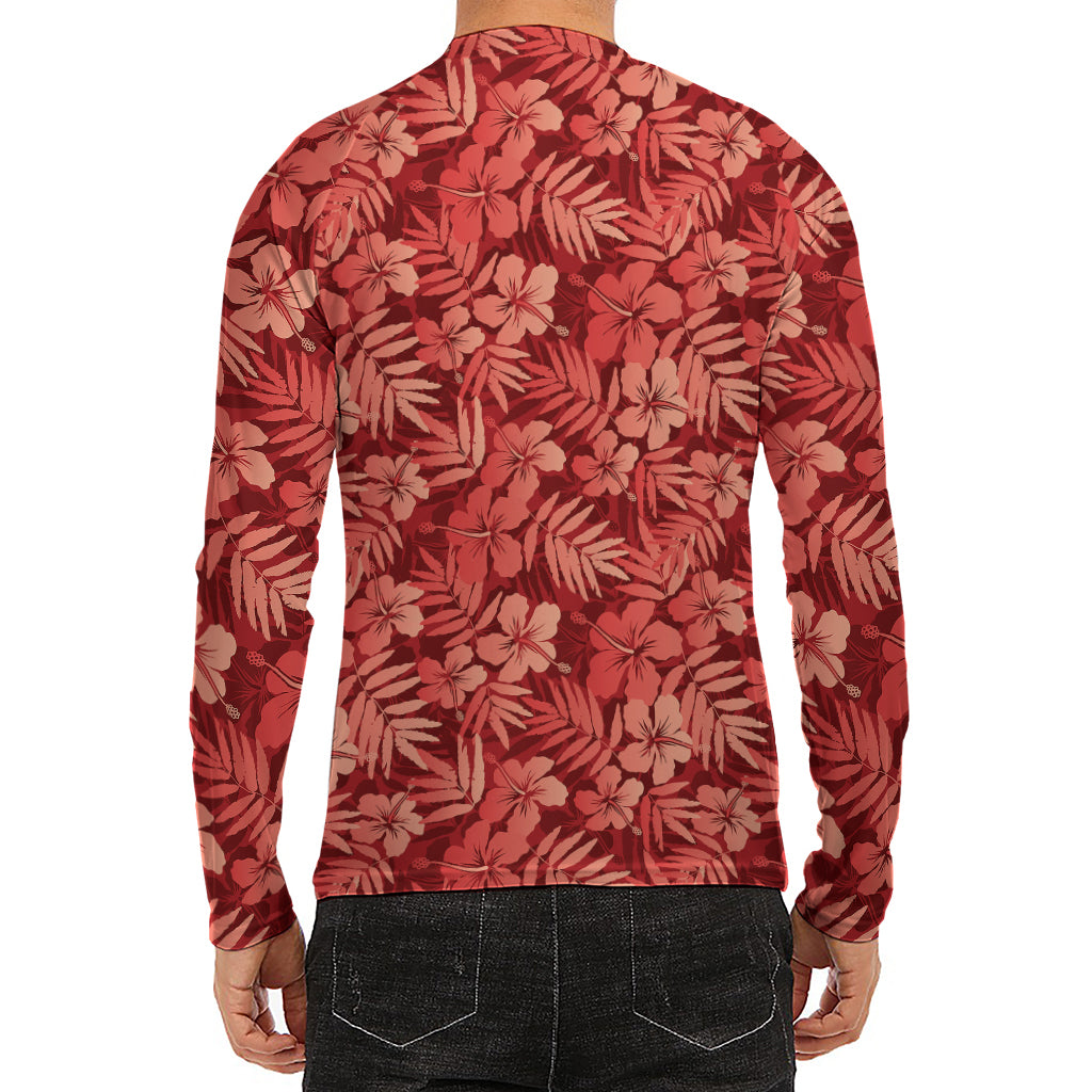 Red Hawaiian Tropical Pattern Print Men's Long Sleeve Rash Guard