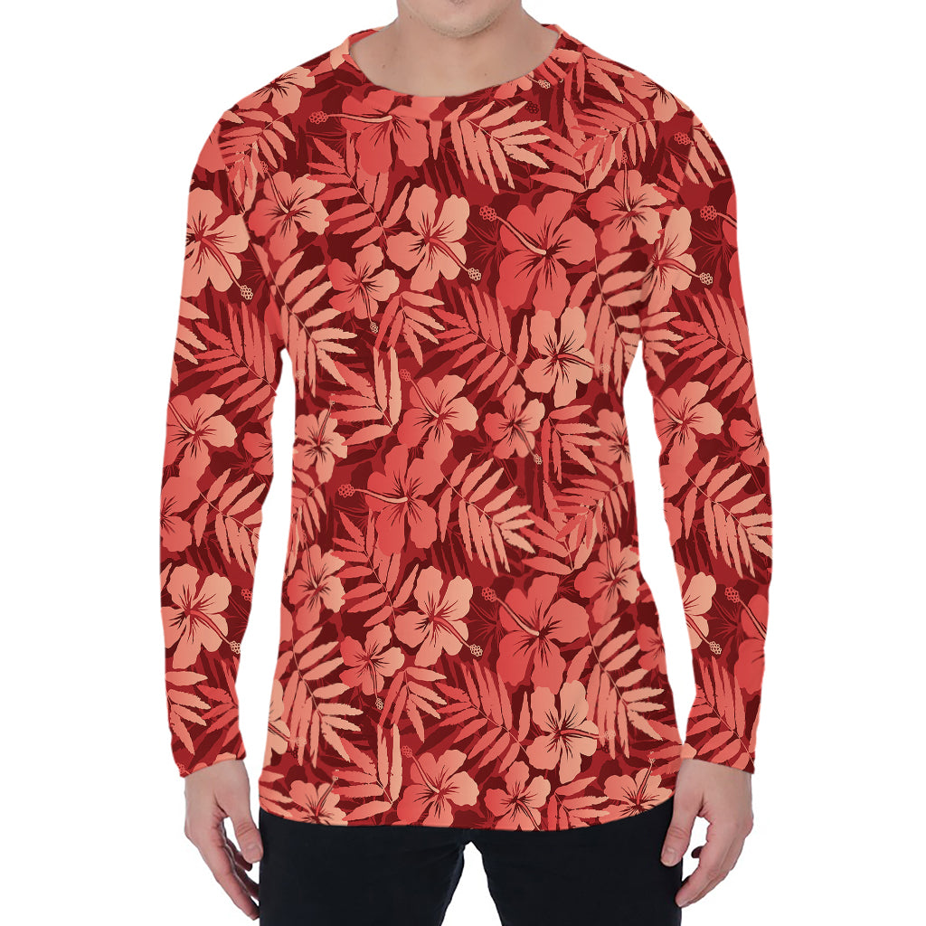Red Hawaiian Tropical Pattern Print Men's Long Sleeve T-Shirt