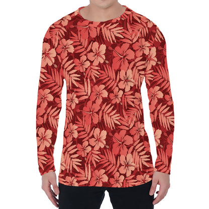 Red Hawaiian Tropical Pattern Print Men's Long Sleeve T-Shirt