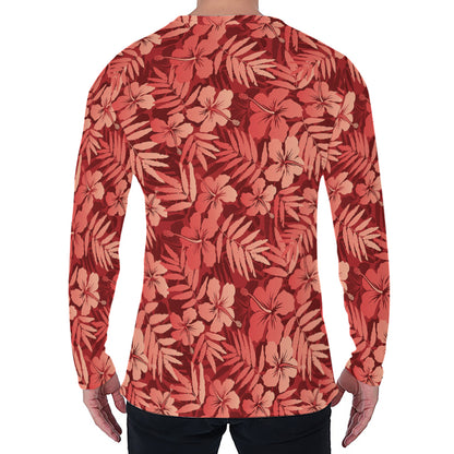 Red Hawaiian Tropical Pattern Print Men's Long Sleeve T-Shirt