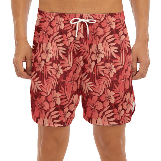 Red Hawaiian Tropical Pattern Print Men's Split Running Shorts