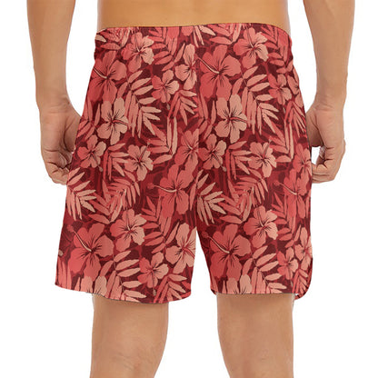 Red Hawaiian Tropical Pattern Print Men's Split Running Shorts