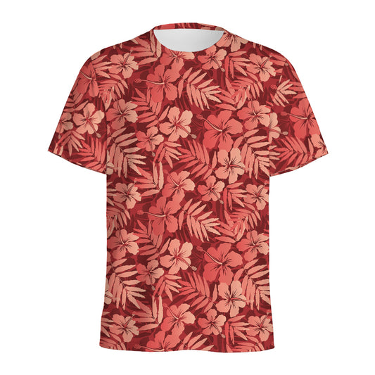 Red Hawaiian Tropical Pattern Print Men's Sports T-Shirt