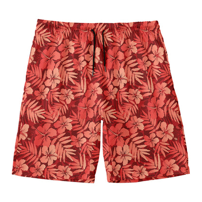 Red Hawaiian Tropical Pattern Print Men's Swim Trunks