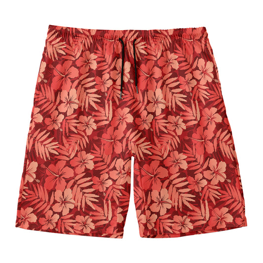 Red Hawaiian Tropical Pattern Print Men's Swim Trunks