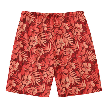 Red Hawaiian Tropical Pattern Print Men's Swim Trunks