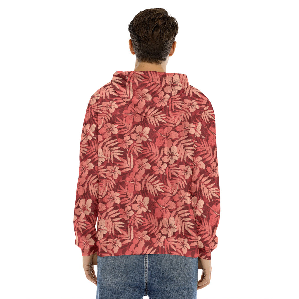 Red Hawaiian Tropical Pattern Print Men's Velvet Pullover Hoodie