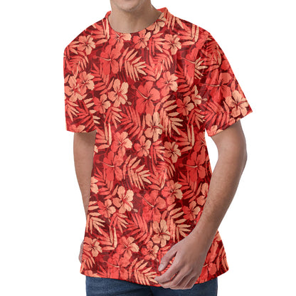 Red Hawaiian Tropical Pattern Print Men's Velvet T-Shirt