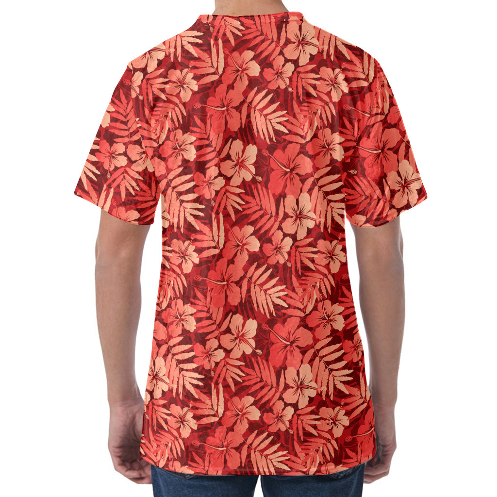 Red Hawaiian Tropical Pattern Print Men's Velvet T-Shirt