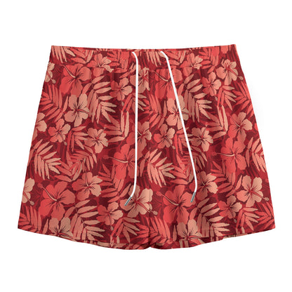 Red Hawaiian Tropical Pattern Print Mesh Shorts