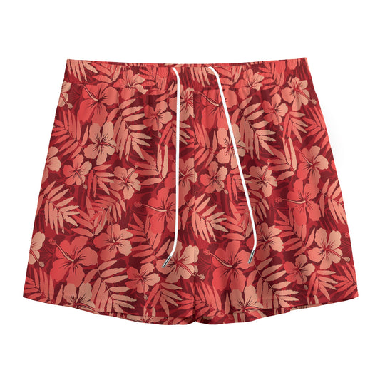 Red Hawaiian Tropical Pattern Print Mesh Shorts