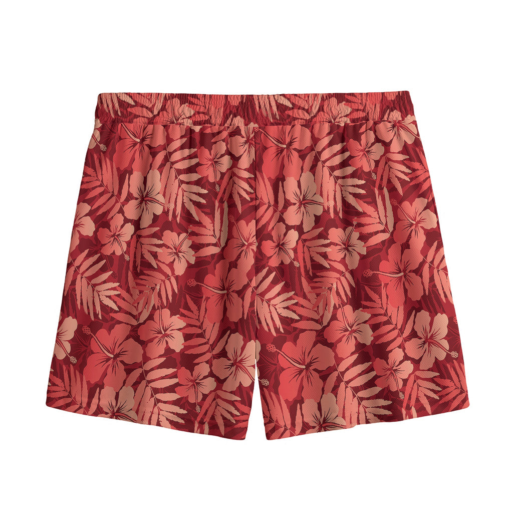 Red Hawaiian Tropical Pattern Print Mesh Shorts
