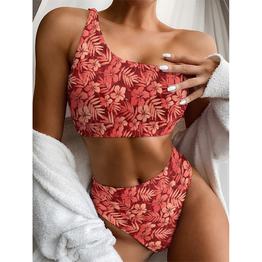Red Hawaiian Tropical Pattern Print One Shoulder Bikini Top
