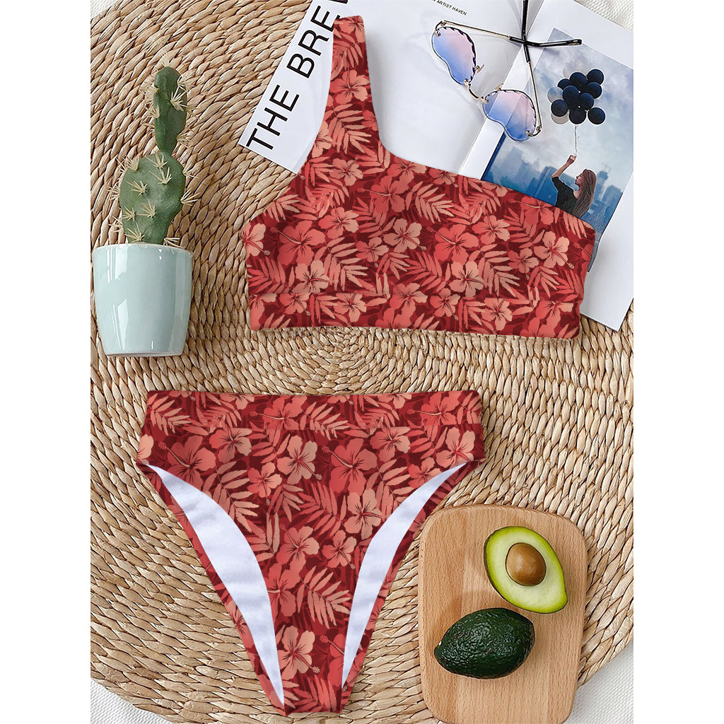 Red Hawaiian Tropical Pattern Print One Shoulder Bikini Top