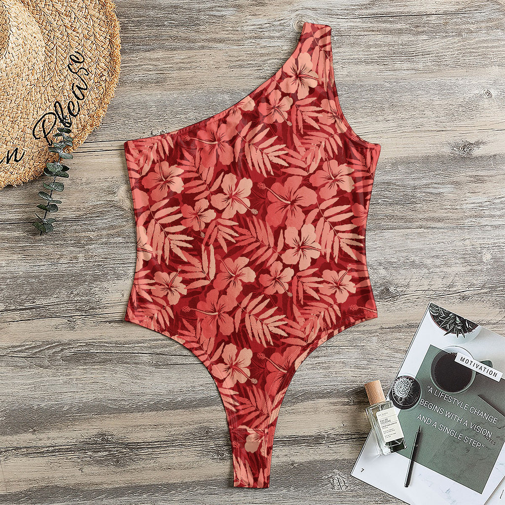 Red Hawaiian Tropical Pattern Print One Shoulder Bodysuit