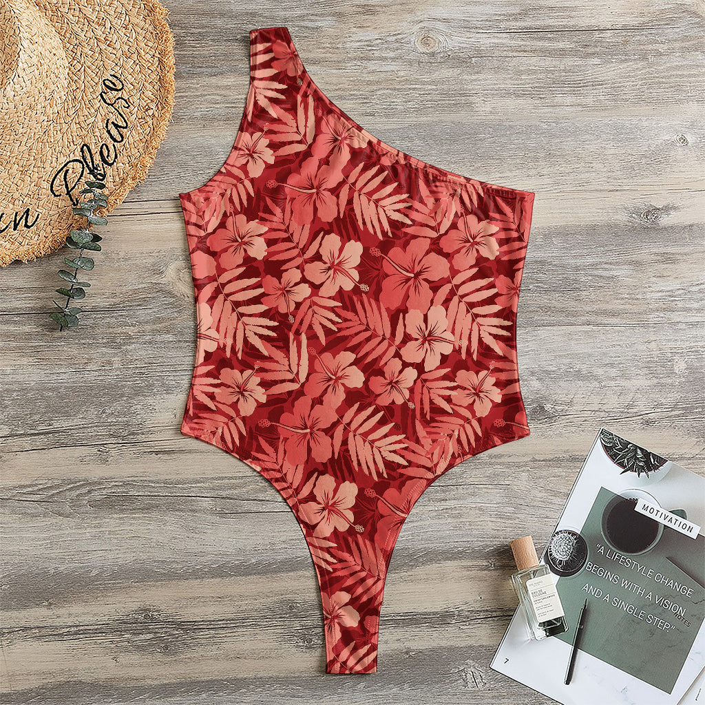 Red Hawaiian Tropical Pattern Print One Shoulder Bodysuit
