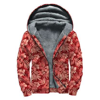 Red Hawaiian Tropical Pattern Print Sherpa Lined Zip Up Hoodie