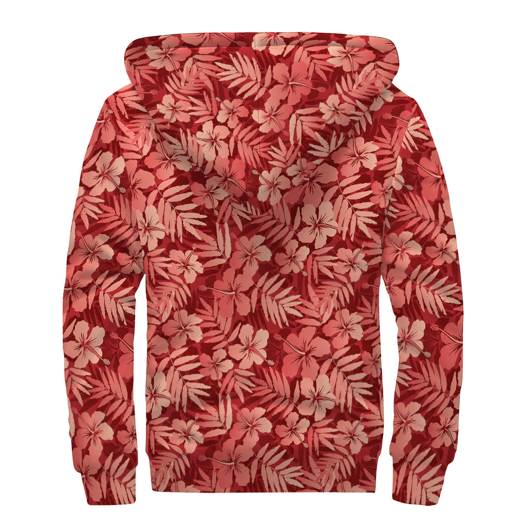 Red Hawaiian Tropical Pattern Print Sherpa Lined Zip Up Hoodie