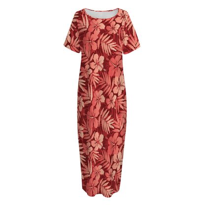 Red Hawaiian Tropical Pattern Print Short Sleeve Long Nightdress