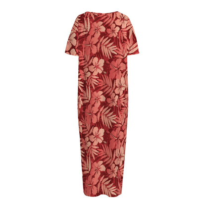 Red Hawaiian Tropical Pattern Print Short Sleeve Long Nightdress
