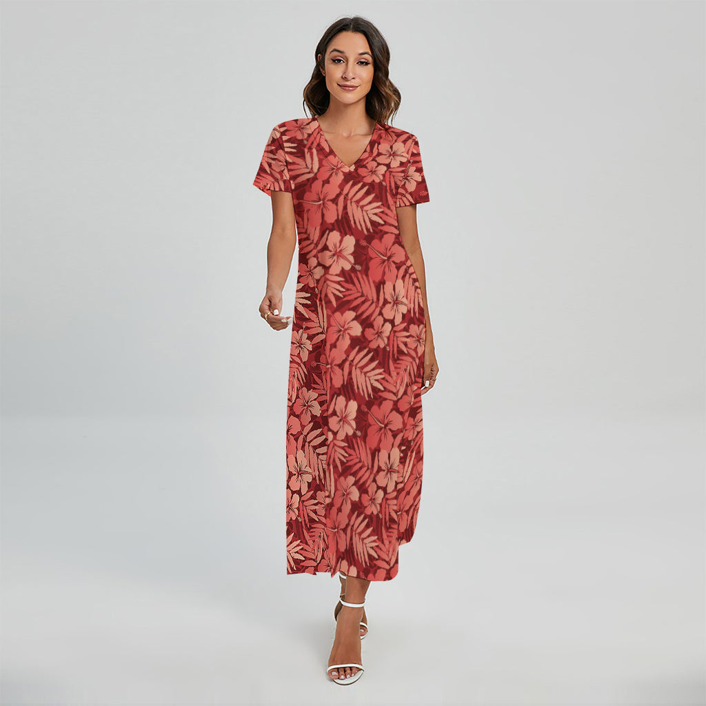 Red Hawaiian Tropical Pattern Print Short Sleeve Maxi Dress
