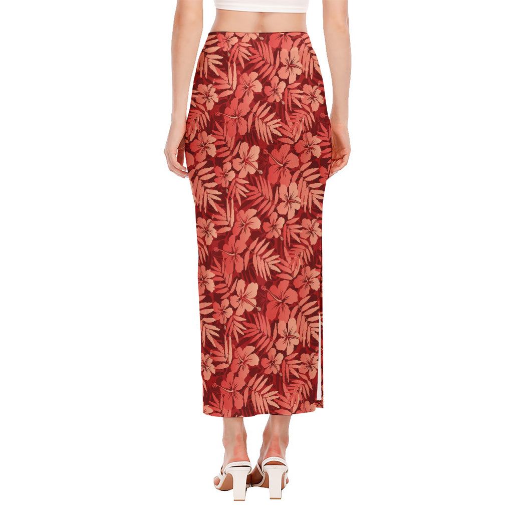 Red Hawaiian Tropical Pattern Print Side Slit Maxi Skirt