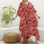 Red Hawaiian Tropical Pattern Print Silk V-Neck Kaftan Dress