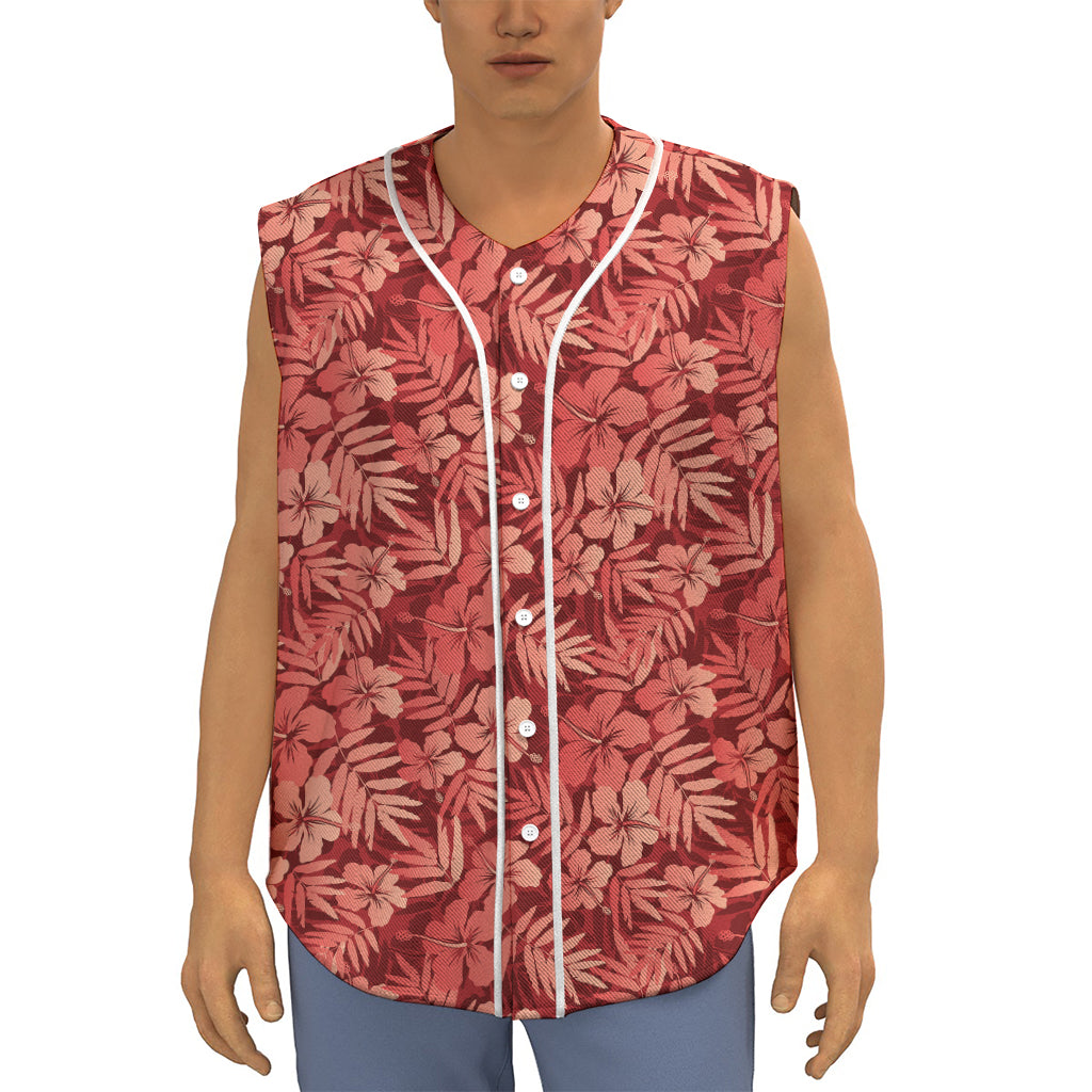 Red Hawaiian Tropical Pattern Print Sleeveless Baseball Jersey