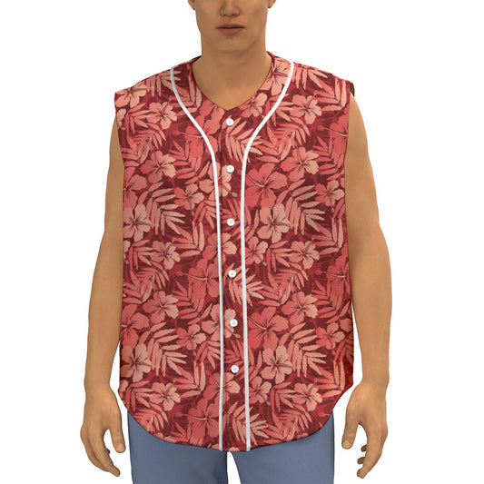 Red Hawaiian Tropical Pattern Print Sleeveless Baseball Jersey