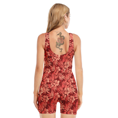 Red Hawaiian Tropical Pattern Print Sleeveless One Piece Swimsuit