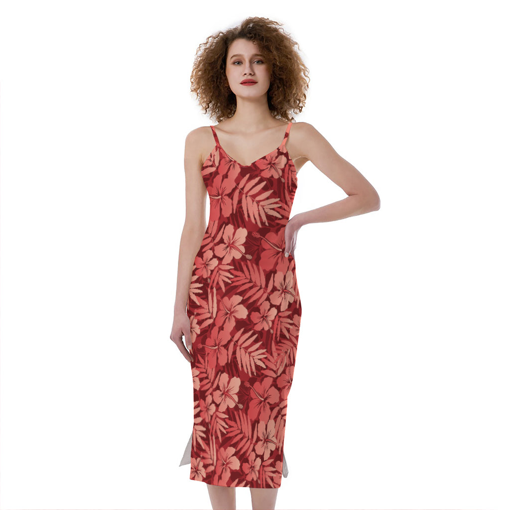 Red Hawaiian Tropical Pattern Print Slim Fit Midi Cami Dress
