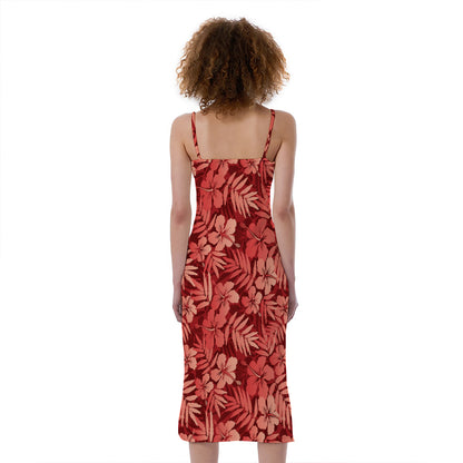 Red Hawaiian Tropical Pattern Print Slim Fit Midi Cami Dress