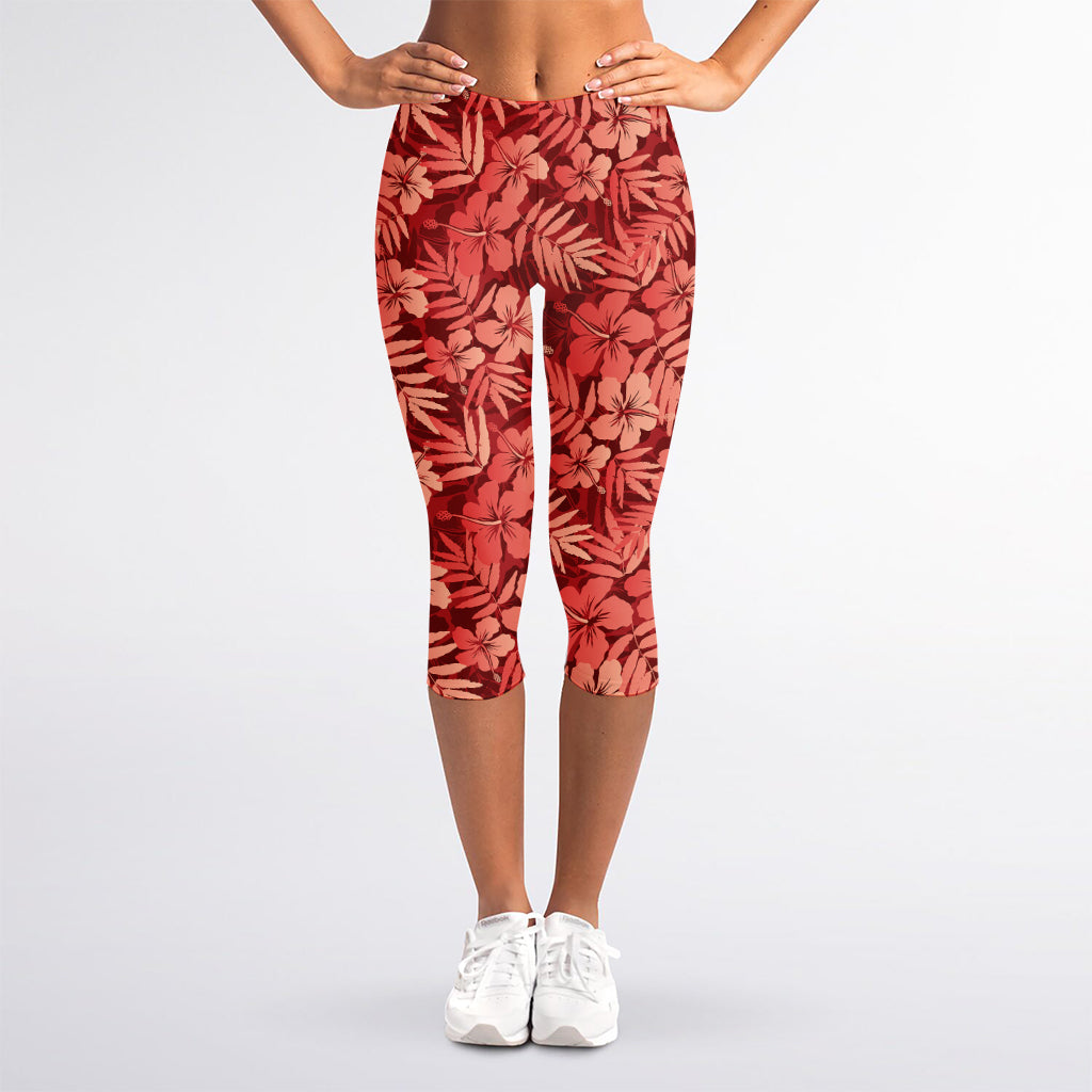 Red Hawaiian Tropical Pattern Print Women's Capri Leggings