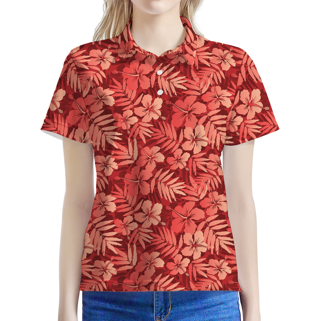 Red Hawaiian Tropical Pattern Print Women's Polo Shirt