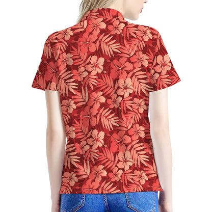 Red Hawaiian Tropical Pattern Print Women's Polo Shirt