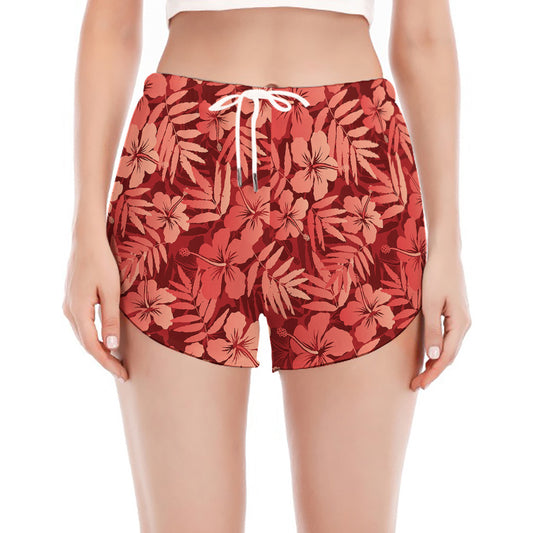 Red Hawaiian Tropical Pattern Print Women's Split Running Shorts