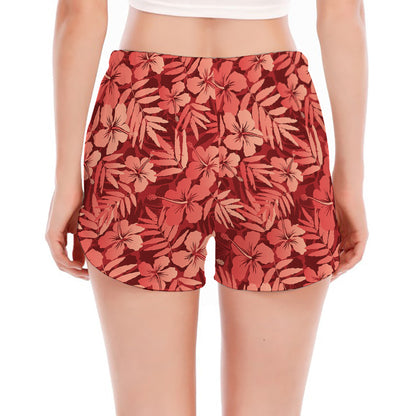 Red Hawaiian Tropical Pattern Print Women's Split Running Shorts