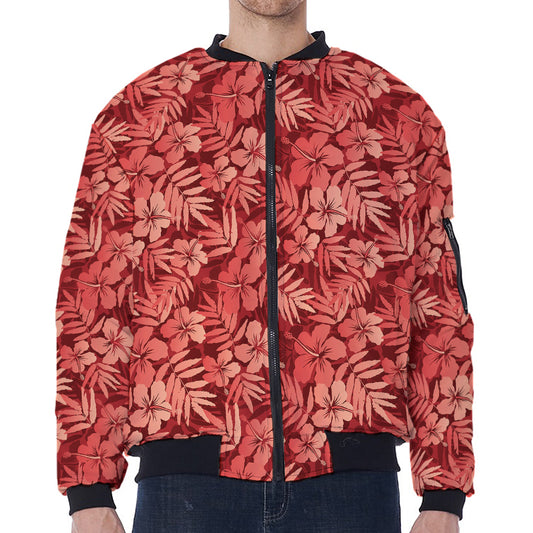Red Hawaiian Tropical Pattern Print Zip Sleeve Bomber Jacket