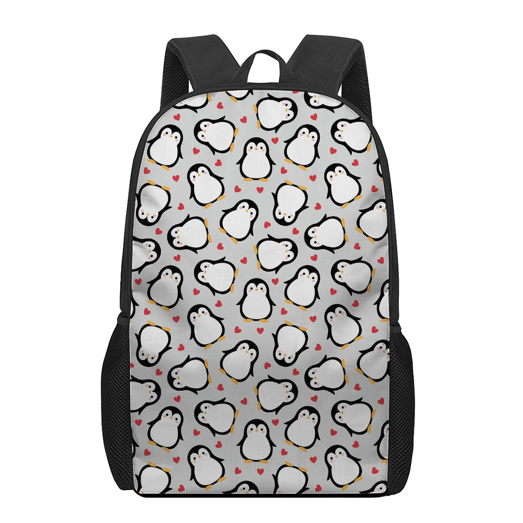 Red Heart And Penguin Pattern Print 17 Inch Backpack