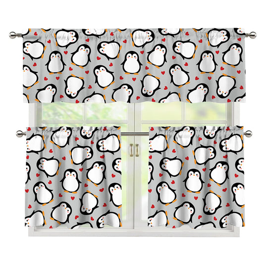 Red Heart And Penguin Pattern Print 3 Piece Kitchen Curtains