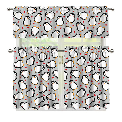 Red Heart And Penguin Pattern Print 3 Piece Kitchen Curtains