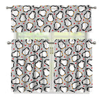 Red Heart And Penguin Pattern Print 3 Piece Kitchen Curtains