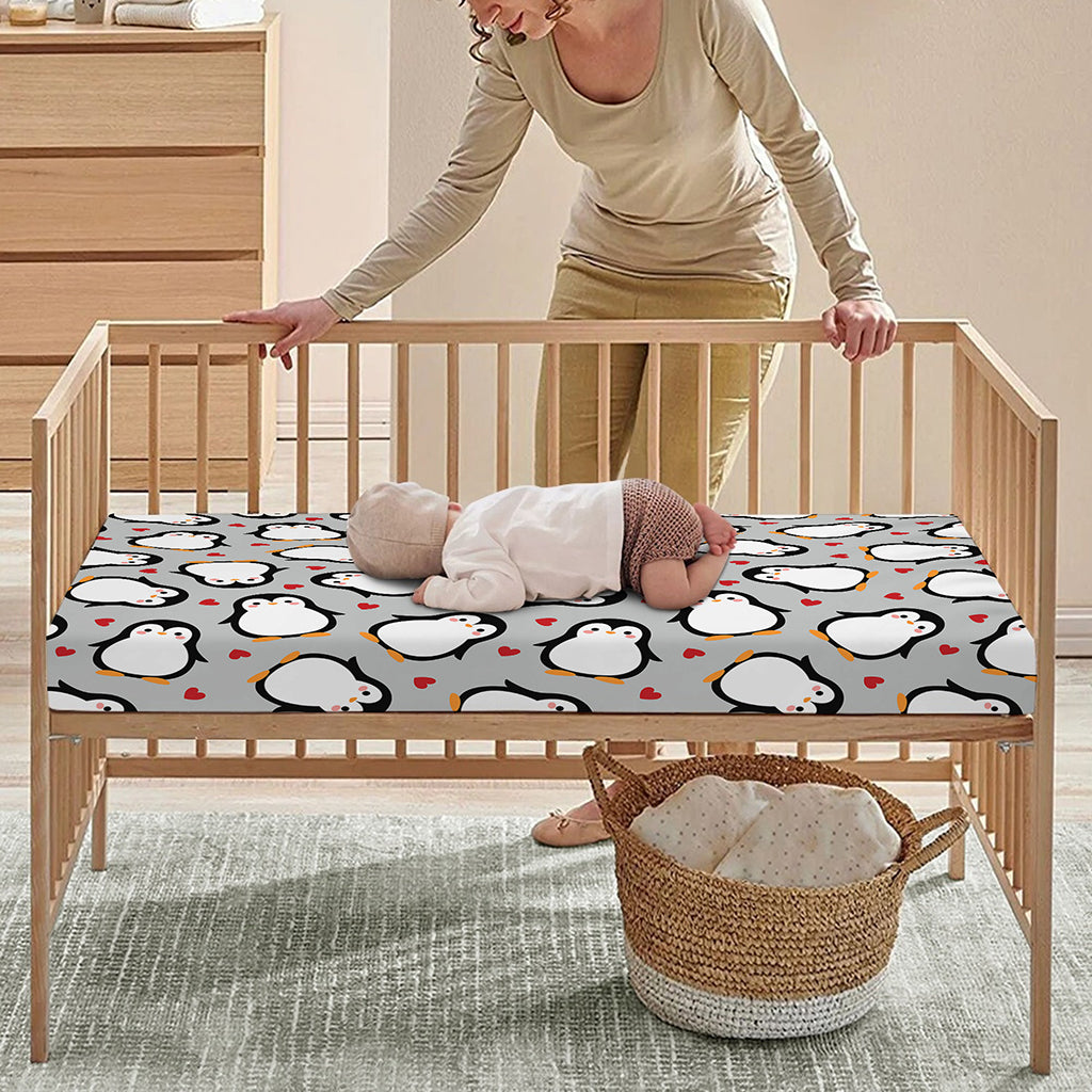 Red Heart And Penguin Pattern Print Baby Crib Sheet