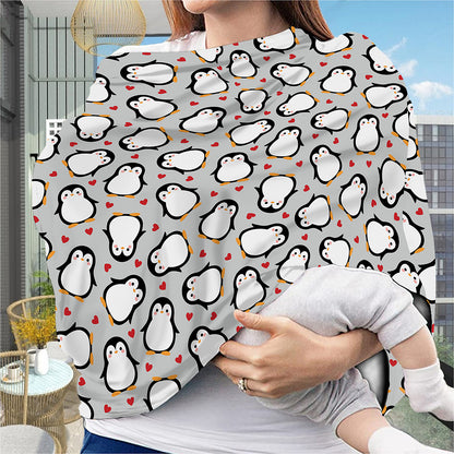 Red Heart And Penguin Pattern Print Baby Seat Cover