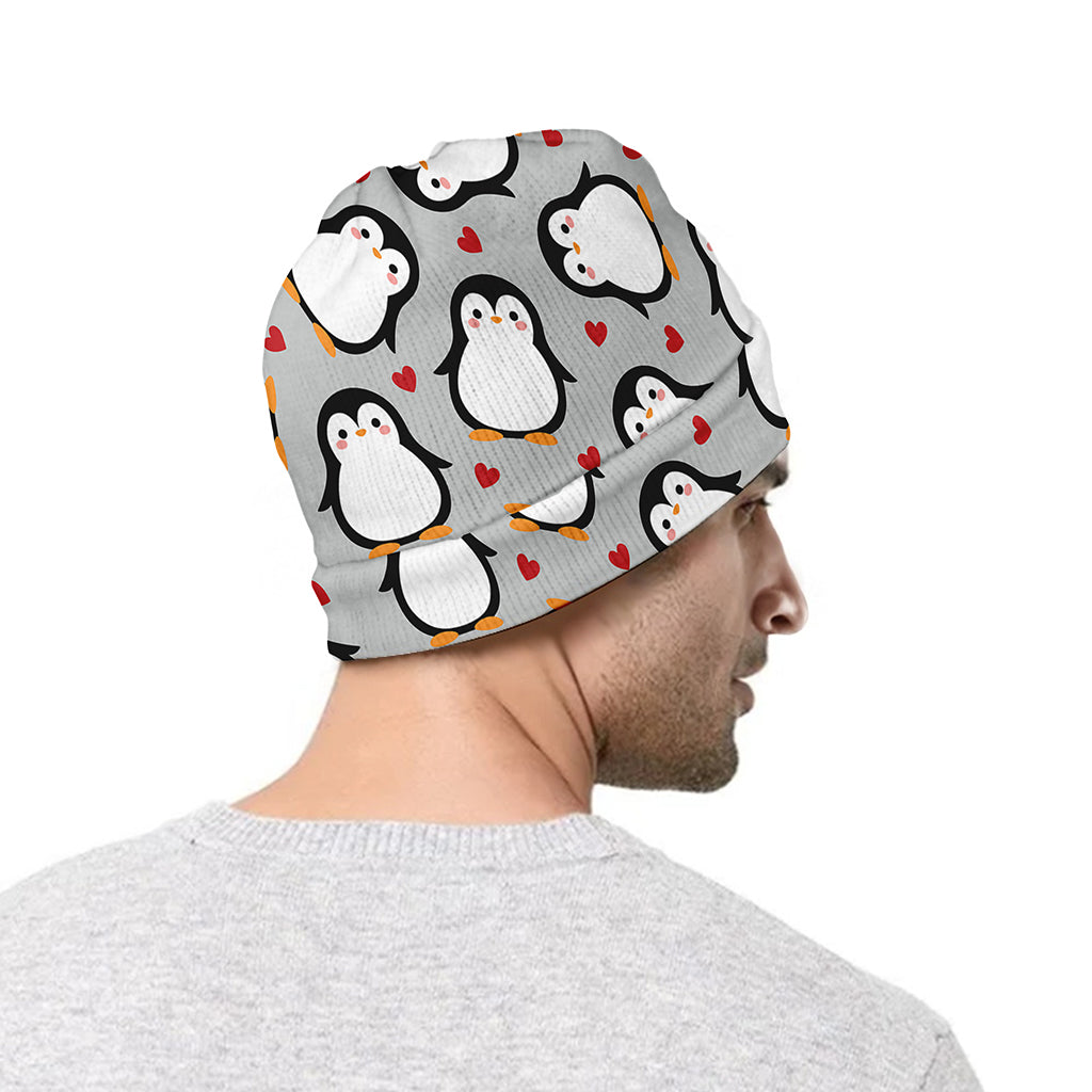 Red Heart And Penguin Pattern Print Beanie
