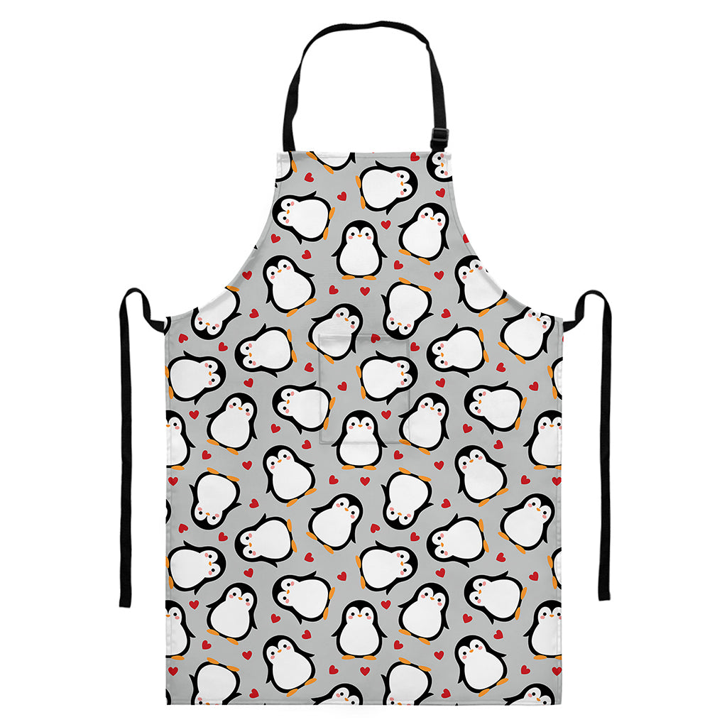 Red Heart And Penguin Pattern Print Bib Apron With Pocket