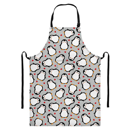 Red Heart And Penguin Pattern Print Bib Apron With Pocket
